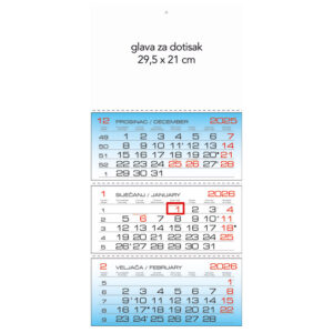 Kalendar zidni trodijelni 2026.-3 bloka, preklopni