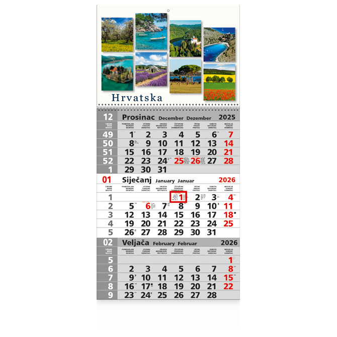 Kalendar zidni trodijelni 2026. sa slikom i spiralom